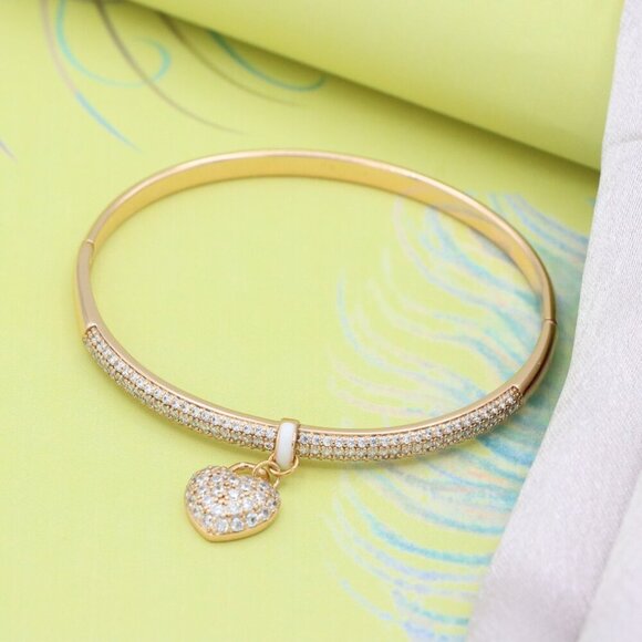 Rose Gold Bangle with Sparkling Heart Charm and Crystal Detailing, XPBL0567 - Picture 3 of 12
